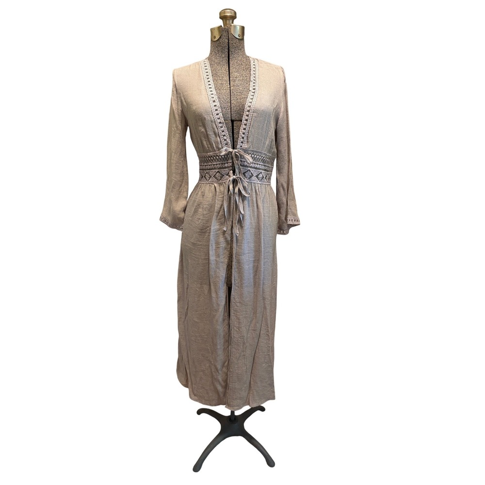 Rebellion Again Taupe Crochet Trim Boho Maxi Dress Womens Size Small Excellent
